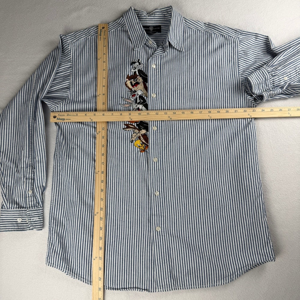 Vintage Warner Brothers 1995 Embroidered Looney Tunes Shirt Striped Blue Large - Picture 3 of 9